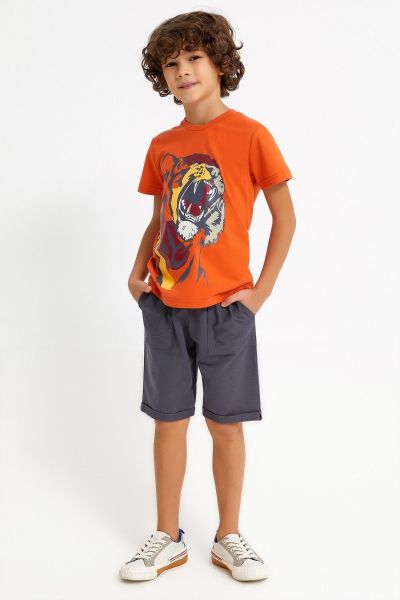 Παιδική φόρμα για αγόρι καλοκαιρινή βαμβακερή τίγρη πορτοκαλί 