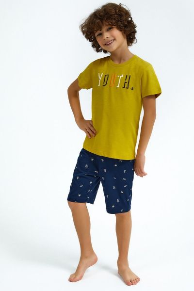 Καλοκαιρινή αγορίστικη παιδική πιτζάμα μουσταρδί σκούρο μπλε 