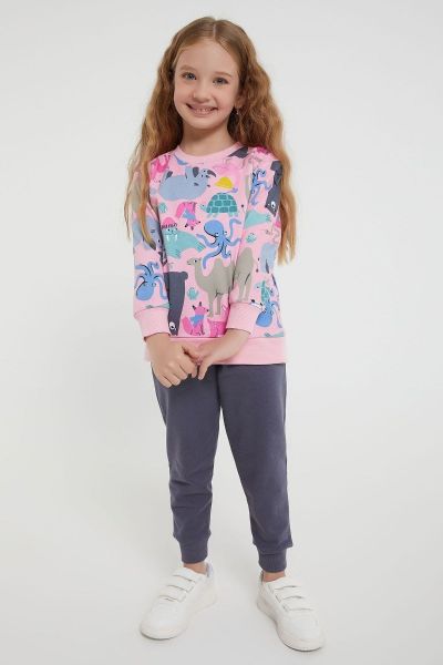 Παιδική κοριτσίστικη χειμωνιάτικη φόρμα ροζ γκρι ζωάκια