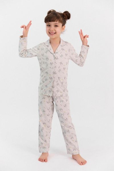 Κοριτσίστικη παιδική χειμωνιάτικη πιτζάμα βαμβακερή πουκάμισο ρακούν μπεζ