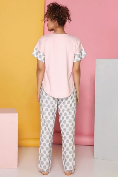 Γυναικεία καλοκαιρινή κοντομάνικη πιτζάμα βαμβακερή βισκόζη πουά ροζ λευκό