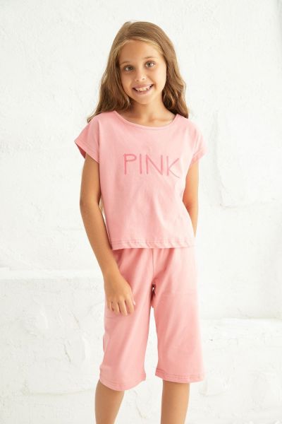 Καλοκαιρινή παιδική κοριτσίστικη πιτζάμα κάπρι ροζ βαμβακερή
