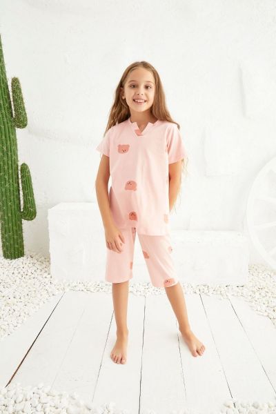Καλοκαιρινή κοριτσίστικη παιδική πιτζάμα ροζ βαμβακερή με σχέδιο