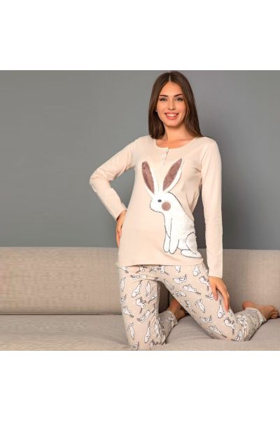Γυναικεία Χειμωνιάτικη Πιτζάμα siyah inci BEIGE RABBIT