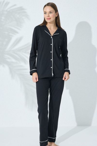 Γυναικεία πιτζάμα με κουμπάκια τύπου πουκάμισο μαύρη βαμβακερή 
