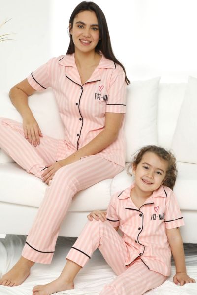 Καλοκαιρινή πιτζάμα μαμά και κόρη ριγέ με κουμπάκια ροζ 