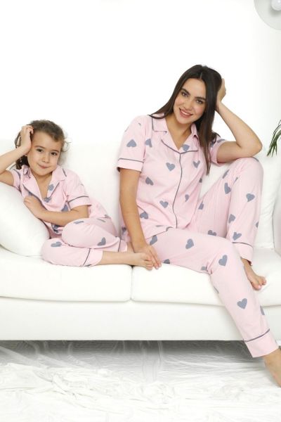 Καλοκαιρινή πιτζάμα μαμά και κόρη με κουμπάκια καρδούλες ροζ 