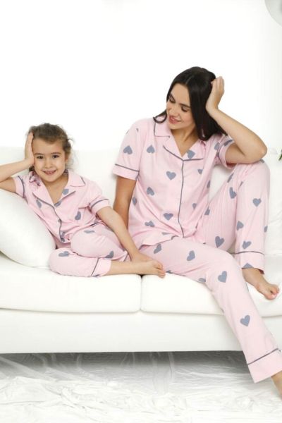 Καλοκαιρινή πιτζάμα μαμά και κόρη με κουμπάκια καρδούλες ροζ 