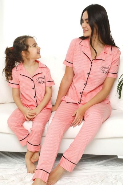 Καλοκαιρινή πιτζάμα μαμά και κόρη με κουμπάκια ροζ χρώμα 