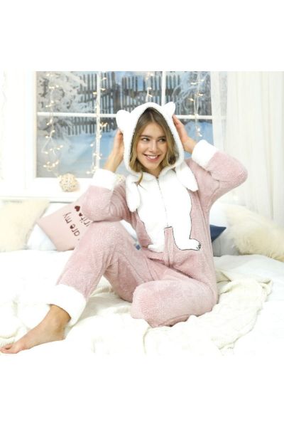 Γυναικεία Ολόσωμη Φλις Πιτζάμα siyah inci PINK BEAR