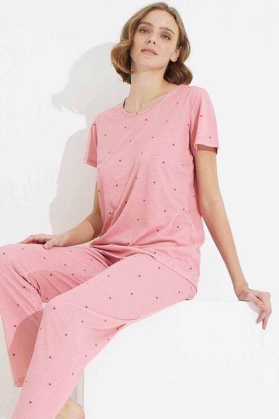 Γυναικεία πιτζάμα πουά ροζ χρώμα βισκόζη κοντομάνικη μπλούζα 
