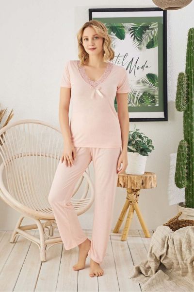 Γυναικεία πιτζάμα βαμβακερή ροζ χρώμα κοντομάνικη μακρύ παντελόνι 