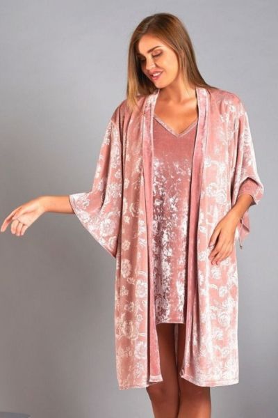 Νυχτικό Με Ρόμπα Velvet Sevim PINK FLOWER