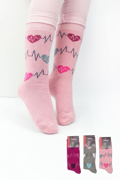Κοριτσίστικες παιδικές κάλτσες με καρδιογράφημα σε 3 χρώματα πετσετέ