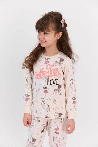 Κοριτσίστικη παιδική χειμωνιάτικη πιτζάμα βαμβακερή μπεζ μονόκερους